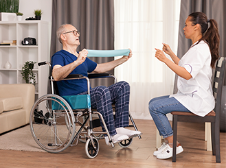 Caregiver helping client with assistive technology